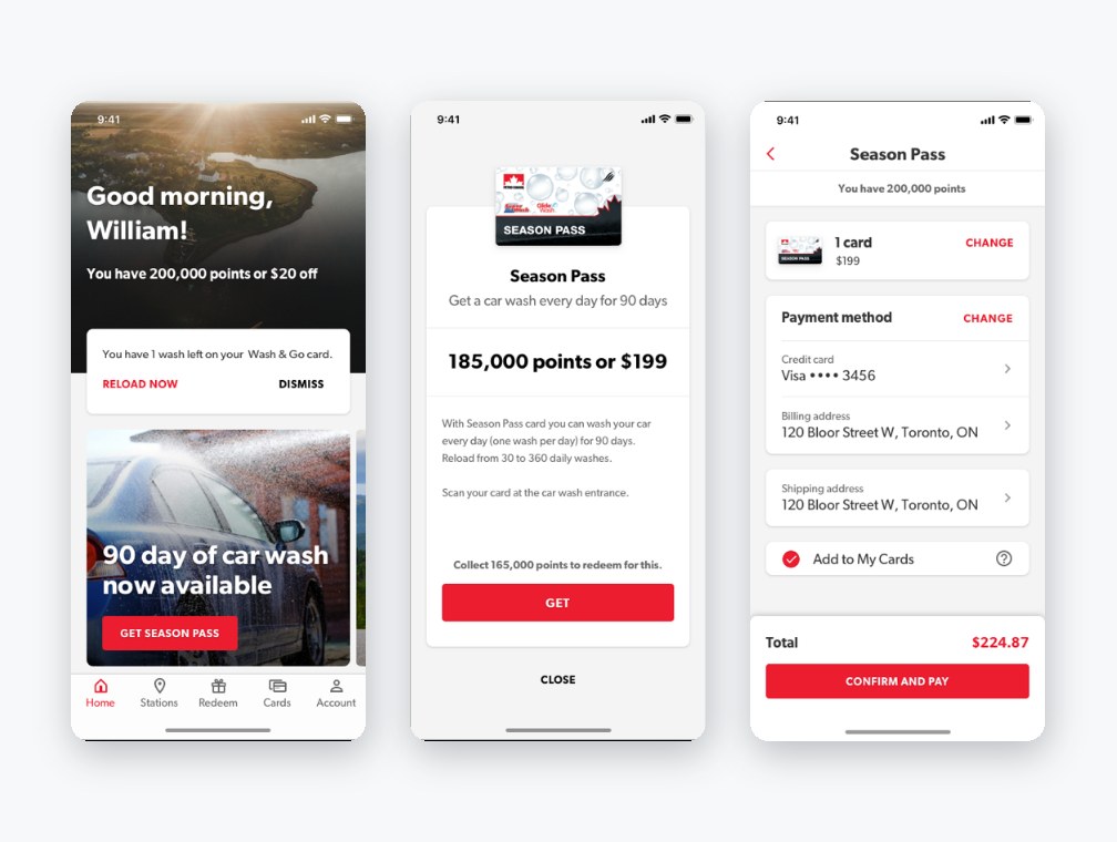 Petro-Canada app screens: points balance on the home screen, a car wash Season Pass priced in points or dollars, and checkout with a saved Visa card