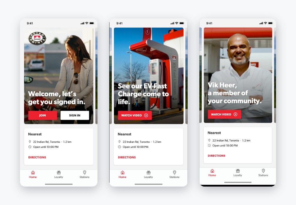 Onboarding screens: join or sign in, EV Fast Charge, and a community story, each with the nearest station below