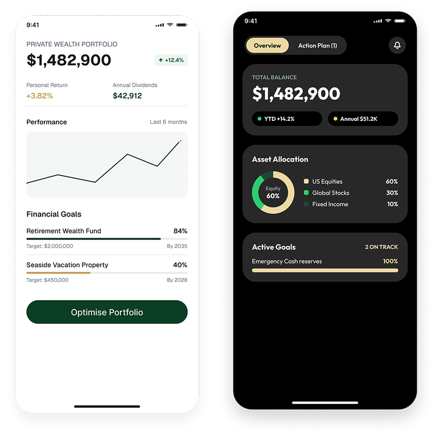 Private Wealth Advisor Portal — concept mobile screens showing portfolio, goals and action plan