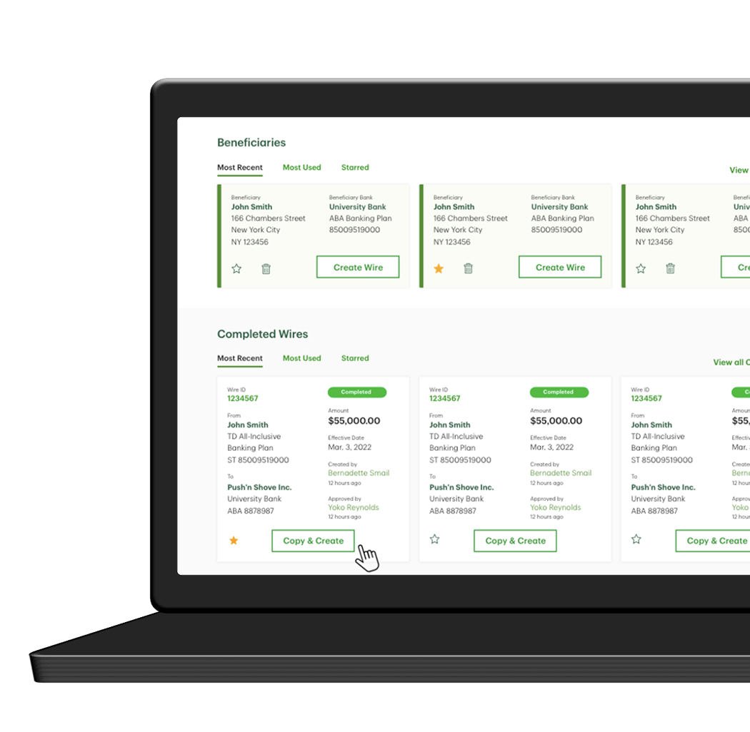 Wire Transfer application — beneficiaries and completed wires